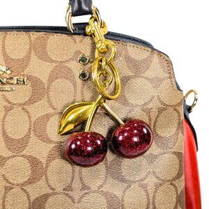 Cherry Bag Charm Key Chain Glitter Red Cherries Gold Clip